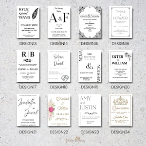 May include: A collection of ten wedding invitation designs featuring different fonts, colors, and styles. The designs include floral elements, calligraphy, and geometric patterns.