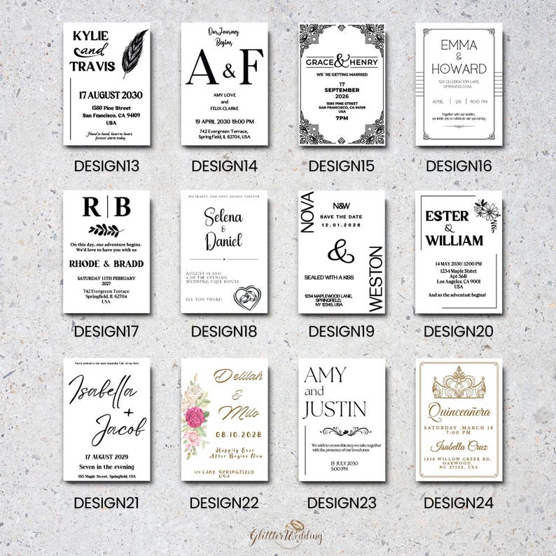 May include: A collection of ten wedding invitation designs featuring different fonts, colors, and styles. The designs include floral elements, calligraphy, and geometric patterns.