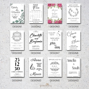 May include: Twelve wedding invitation designs featuring different fonts, layouts, and floral illustrations. The designs include names, dates, and locations for the wedding.
