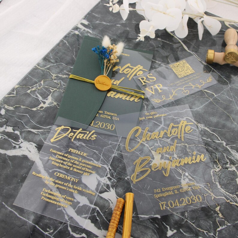 Elegant Clear Acrylic Wedding Invitation, Gold Foil Printing, Luxury ...