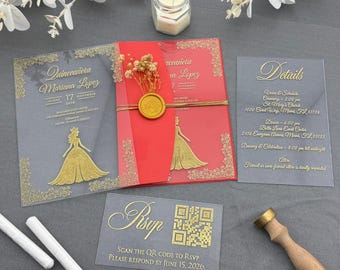 Zaproszenie na Quinceañera z akrylu, przezroczyste, z nadrukiem złotej folii, motyw księżniczki, zaproszenie na 15. i 16. urodziny, elegancki zestaw zaproszeń na Quinceañera