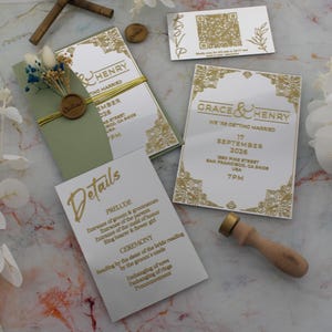 Elegant Acrylic Wedding Invitation with Gold Foil, Sage Green Envelope and Wax Seal, Custom Modern Clear Invite for Luxury Weddings