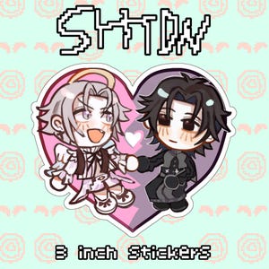 以下が含まれることがあります： ピンクと紫のハートの中で手をつないでいる2人のアニメスタイルのキャラクターが特徴のステッカー。「SHITDW」の文字がハートの上に、「3 inch STICKERS」の文字が下にあります。背景は、繰り返しのパターンを持つ明るい緑色です。