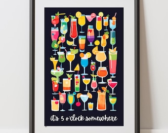 Es ist 5 Uhr irgendwo Digitaldruck | Bunte Cocktail-Collage Wandkunst | Happy Hour Hausbar Dekor | "Jimmy Buffett Digital Art Print."