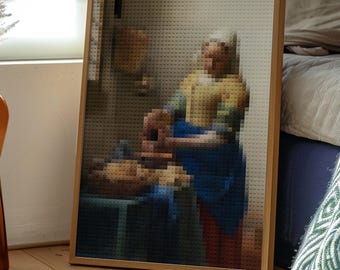 Die Milchmagd - Johannes Vermeer | Mosaik Pixel Kunst | Retro geometrische Wandkunst | Sofortdownload | Abstraktes Pixel Portrait Poster