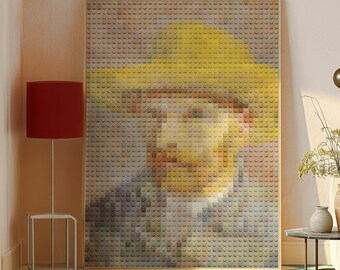 Selbstporträt mit Strohhut - Vincent Van Gogh | Mosaik Pixel Kunst | Sofortdownload | Abstraktes Pixel Portrait Poster