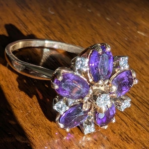 14K Gold Amethyst Diamond Flower Statement Ring