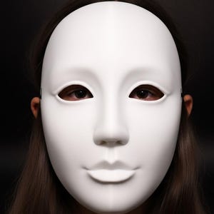 以下が含まれることがあります： 目元に切り込みがあり、鼻と唇の形が成形された、滑らかで無地の白いオーバル型のフェイスマスク。マスクは顔の前面を覆っており、開口部からは暗い色の目が見え、両サイドには茶色の髪が確認できる。