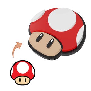 May include: A red and white mushroom design, similar to a classic video game character, with a tan face and black eyes. The image includes a smaller version of the mushroom and an arrow.