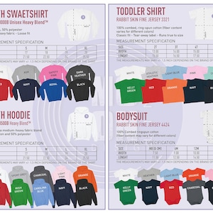 Pode incluir: Cat&aacute;logo de produtos de vestu&aacute;rio infantil. A imagem mostra camisolas, hoodies, camisetas para crian&ccedil;as e bodies em v&aacute;rias cores. S&atilde;o fornecidas especifica&ccedil;&otilde;es de medidas para cada pe&ccedil;a de roupa.