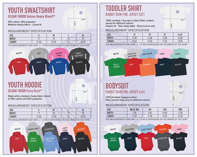 Pode incluir: Cat&aacute;logo de produtos de vestu&aacute;rio infantil. A imagem mostra camisolas, hoodies, camisetas para crian&ccedil;as e bodies em v&aacute;rias cores. S&atilde;o fornecidas especifica&ccedil;&otilde;es de medidas para cada pe&ccedil;a de roupa.