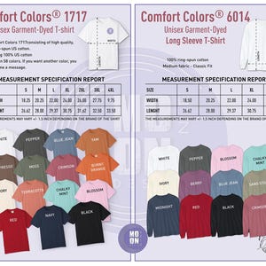 K&ouml;nnte beinhalten: Produktkatalog mit Comfort Colors T-Shirts und Langarmshirts. Die Shirts sind in verschiedenen Farben erh&auml;ltlich, mit Gr&ouml;&szlig;en- und Ma&szlig;angaben. Die T-Shirts bestehen aus 100 % ringgesponnener US-Baumwolle.