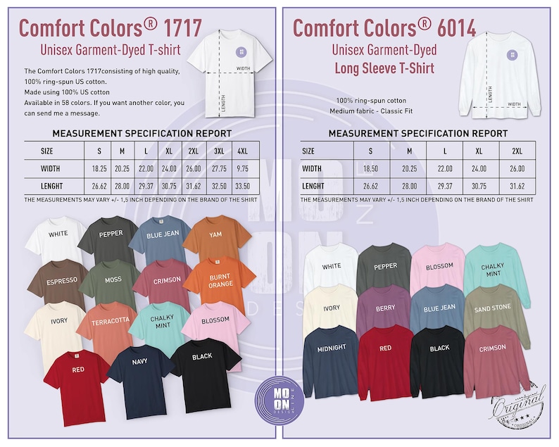 K&ouml;nnte beinhalten: Produktkatalog mit Comfort Colors T-Shirts und Langarmshirts. Die Shirts sind in verschiedenen Farben erh&auml;ltlich, mit Gr&ouml;&szlig;en- und Ma&szlig;angaben. Die T-Shirts bestehen aus 100 % ringgesponnener US-Baumwolle.
