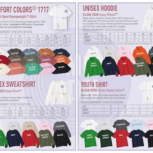 Pode incluir: Um cat&aacute;logo de produtos com v&aacute;rias camisetas, moletons com capuz e moletons em v&aacute;rias cores. As especifica&ccedil;&otilde;es de medi&ccedil;&atilde;o s&atilde;o fornecidas para cada tipo de roupa, incluindo largura e comprimento em cm. As camisas est&atilde;o dispon&iacute;veis em v&aacute;rios tamanhos.