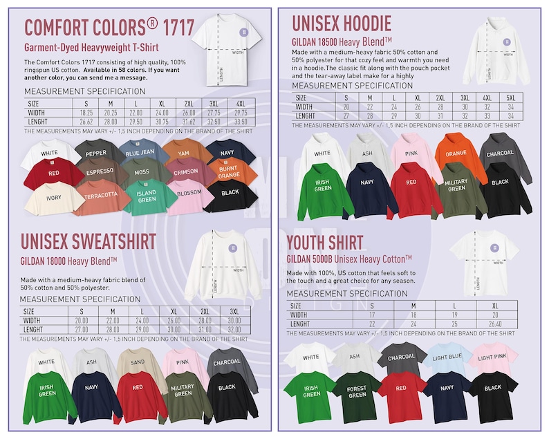 Pode incluir: Um cat&aacute;logo de produtos com v&aacute;rias camisetas, moletons com capuz e moletons em v&aacute;rias cores. As especifica&ccedil;&otilde;es de medi&ccedil;&atilde;o s&atilde;o fornecidas para cada tipo de roupa, incluindo largura e comprimento em cm. As camisas est&atilde;o dispon&iacute;veis em v&aacute;rios tamanhos.