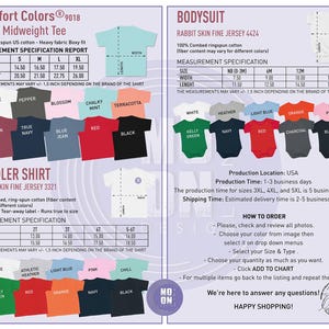 K&ouml;nnte beinhalten: Ein Produktblatt mit verschiedenen T-Shirts und Bodysuits in verschiedenen Farben, darunter Wei&szlig;, Schwarz, Rot und Blau. Das Blatt enth&auml;lt Gr&ouml;&szlig;entabellen mit Ma&szlig;en in Zoll, mit der Umrechnung in cm, f&uuml;r Jugend-, Kleinkind- und Babygr&ouml;&szlig;en. Der Text enth&auml;lt Informationen zu Stoff, Produktion und Bestellung.