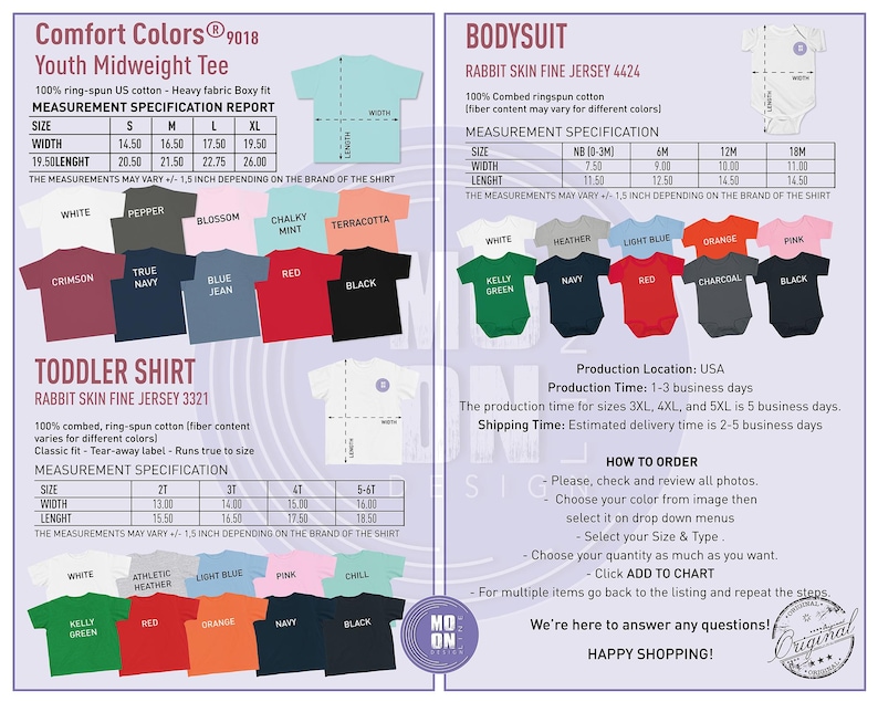 K&ouml;nnte beinhalten: Ein Produktblatt mit verschiedenen T-Shirts und Bodysuits in verschiedenen Farben, darunter Wei&szlig;, Schwarz, Rot und Blau. Das Blatt enth&auml;lt Gr&ouml;&szlig;entabellen mit Ma&szlig;en in Zoll, mit der Umrechnung in cm, f&uuml;r Jugend-, Kleinkind- und Babygr&ouml;&szlig;en. Der Text enth&auml;lt Informationen zu Stoff, Produktion und Bestellung.