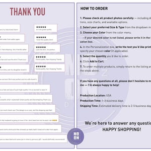 Pode incluir: Imagem de listagem de produtos com fundo roxo e branco. O lado esquerdo exibe avalia&ccedil;&otilde;es de clientes com classifica&ccedil;&otilde;es de cinco estrelas. O lado direito fornece instru&ccedil;&otilde;es sobre como encomendar, incluindo op&ccedil;&otilde;es de tamanho, cor e personaliza&ccedil;&atilde;o. O texto "THANK YOU" est&aacute; no topo.