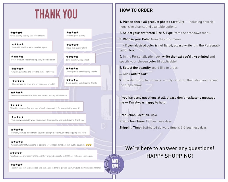 Pode incluir: Imagem de listagem de produtos com fundo roxo e branco. O lado esquerdo exibe avalia&ccedil;&otilde;es de clientes com classifica&ccedil;&otilde;es de cinco estrelas. O lado direito fornece instru&ccedil;&otilde;es sobre como encomendar, incluindo op&ccedil;&otilde;es de tamanho, cor e personaliza&ccedil;&atilde;o. O texto "THANK YOU" est&aacute; no topo.