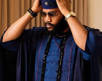 3pcs Navy Blue African Agbada Suit: Traditional Wedding Outfit