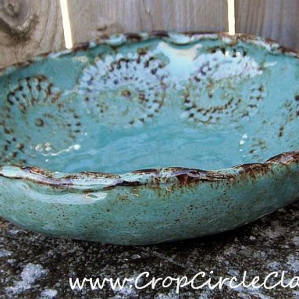 Ready to Ship - Handmade Ceramic Bowl - Starburst Concentric Circles detail - Aquamarine Robins Egg Blue Green Chocolate Brown