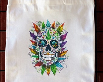 Colorful Sugar Skull and Pot Leaves Tote Bag