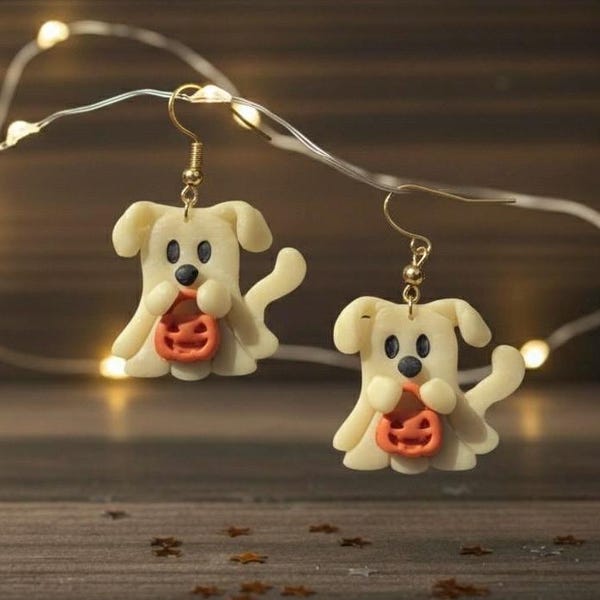 Glow in the Dark Dog Ghost Earrings: Handmade Polymer Clay Halloween Jewelry
