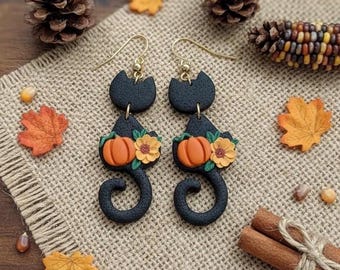 Black Cat Dangle Earrings: Handmade Polymer Clay Autumn Jewelry