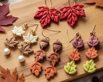 Autumn Leaves & Acorn Earrings | Fall Foliage Clay Earrings Collection | Handmade Unique Lightweight Statement Jewelry