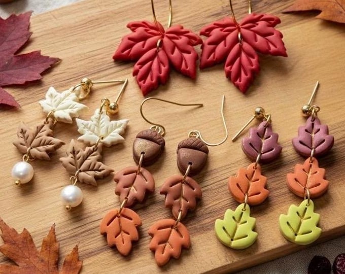 Autumn Leaves & Acorn Earrings | Fall Foliage Clay Earrings Collection | Handmade Unique Lightweight Statement Jewelry