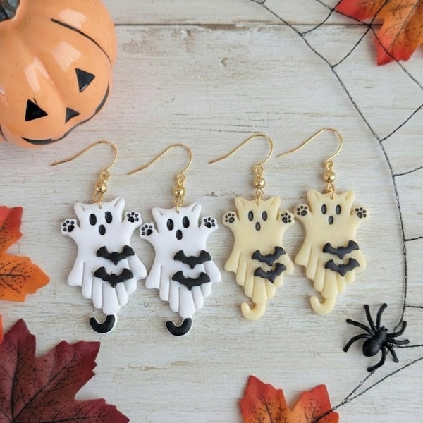 Cat Ghost Halloween Earrings: Glow in the Dark Handmade Polymer Clay Bat Jewelry