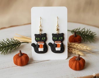 Black Cat Earrings: Handmade Polymer Clay Pumpkin Spice Latte - Halloween Fall