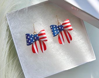 4th of July Bow Earrings | American Flag Polymer Clay Earrings | Red White Blue Dangle Earrings | USA Holiday Jewelry