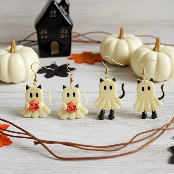 Glow-in-the-Dark Ghost Cat Earrings: Polymer Clay Halloween Jewelry
