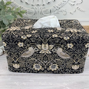 Birds in black William Morris fabric rectangle reversible tissue box cover