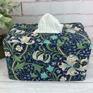 Golden lily in navy William Morris fabric rectangle reversible tissue box cover