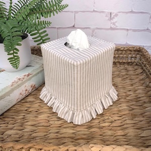 Natural stripe linen cotton blend ruffle tissue box cover