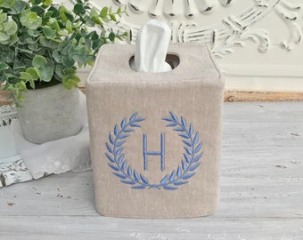 Laurel wreath monogram linen/cotton blend reversible tissue box cover, pick the fabric and thread color