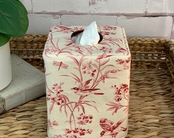 Aviary faded red toile/floral reversible tissue box cover