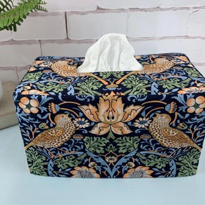 Birds in navy William Morris fabric rectangle reversible tissue box cover
