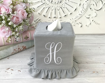 Monogram linen/cotton blend ruffle tissue box cover