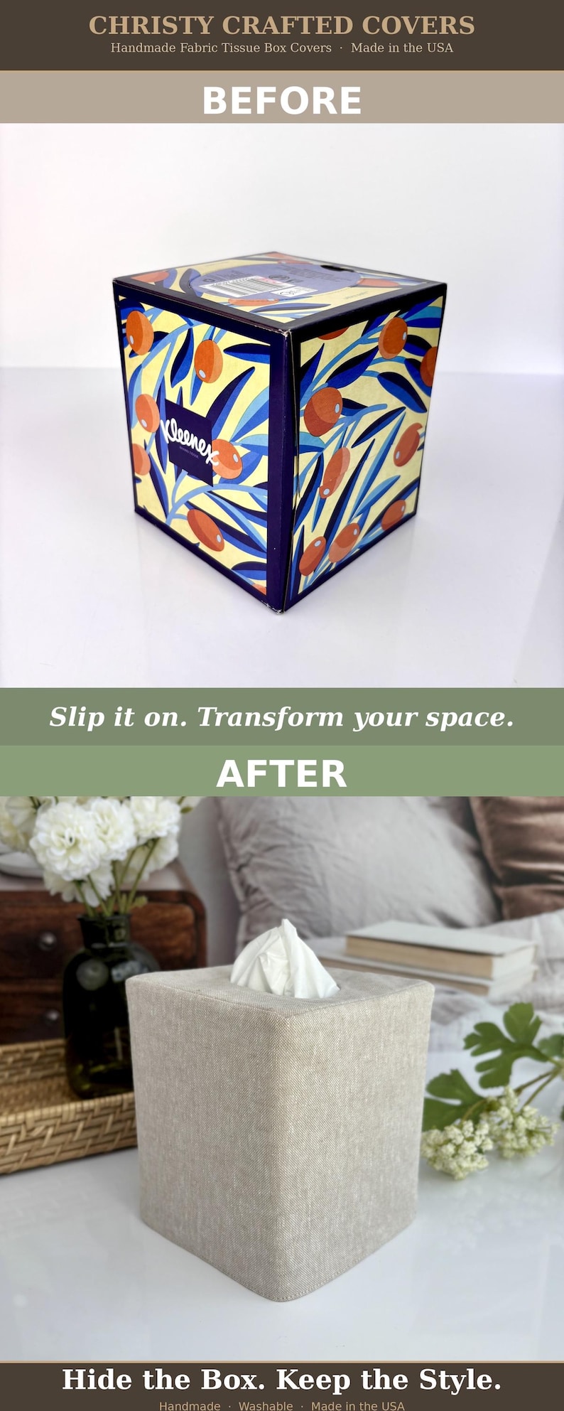 Peut inclure: Une housse de bo&icirc;te &agrave; mouchoirs carr&eacute;e en tissu avec une texture beige neutre rappelant le lin. La housse pr&eacute;sente une ouverture rectangulaire sur le dessus, laissant d&eacute;passer un mouchoir blanc. Le design est uni et sobre.