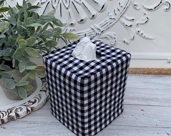 Black gingham/black linen cotton blend reversible tissue box cover