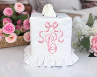 Housse de boîte à mouchoirs en lin à broder personnalisée, support à volants monogramme, décoration d'intérieur élégante