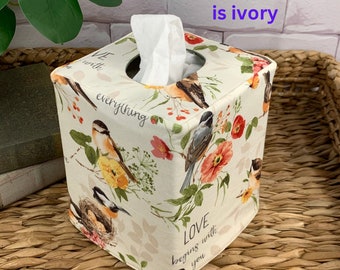 Birds/Hedge Green linen reversible tissue box cover