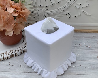 White ruffle 100% linen tissue box cover