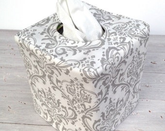Gray and white damask reversible tissue box cover