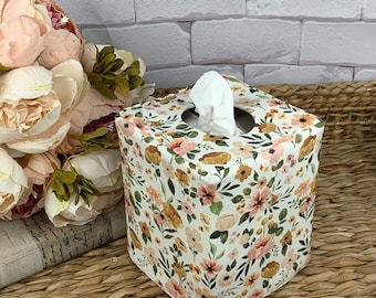 Boho floral/tan gingham reversible tissue box cover