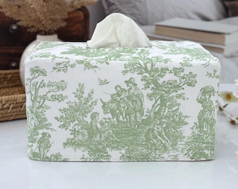 Funda reversible para caja de pañuelos con estampado toile y rayas / Decoración de estilo campestre francés / 2 tamaños