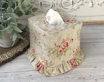 Shabby chic rose linen/cotton blend ruffle tissue box cover